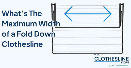 What’s the maximum width of a fold down clothesline – size guide graphic with arrows – The Clothesline Store laundry tips.