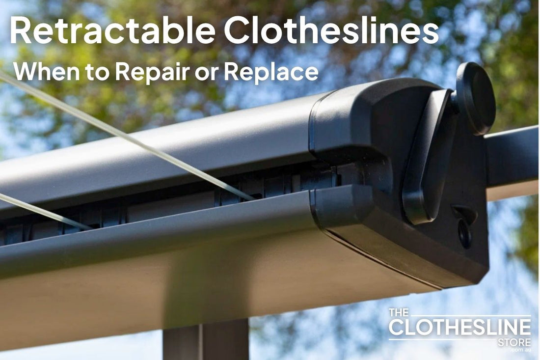 Title Image for the blog Retractable Clotheslines when to repair or replace, the clothesline store.