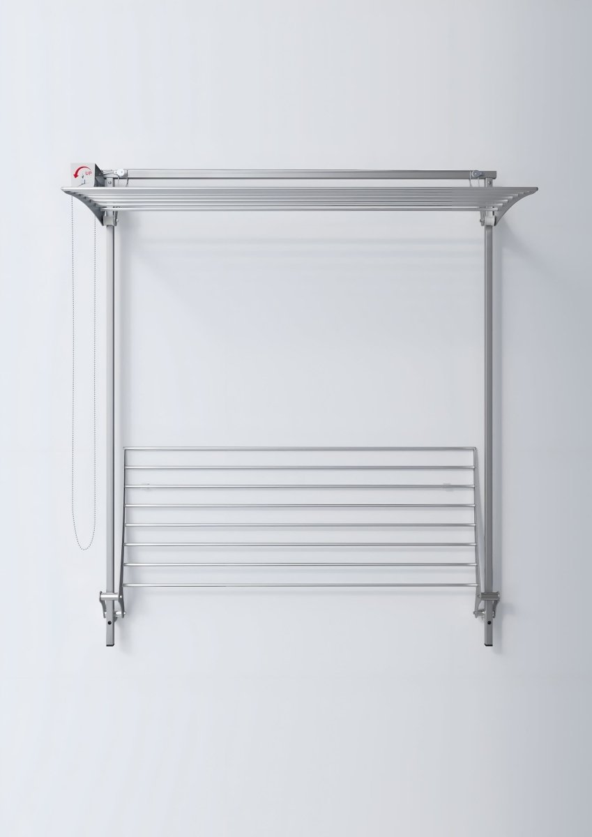 FoxyDry Wall Plus with the top rack ready for use, bottom rack folded up to dry very long items