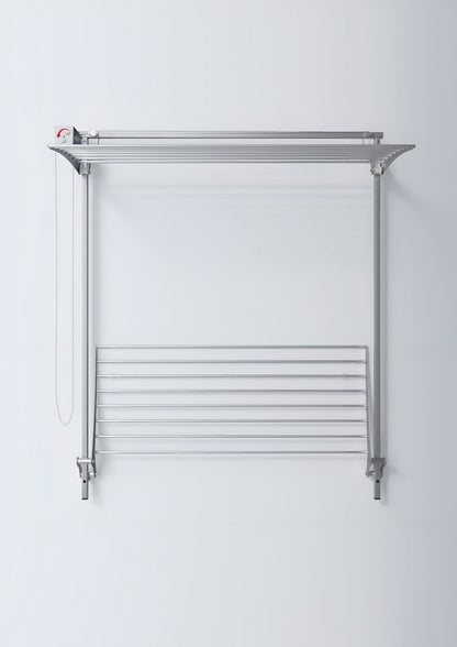 FoxyDry Wall Plus with the top rack ready for use, bottom rack folded up to dry very long items