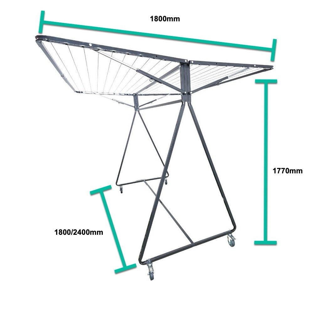 Australian made Sky Dry Sunchaser portable clothesline showing dimensions and fold down frame design.