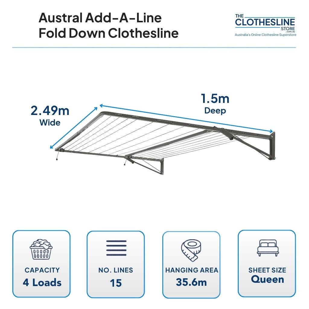 Austral Add A Line Fold Down Clothesline Dimensions.  1.5m deep by 2.49m wide, 4 wash loads, 15 lines, 35.6m of hanging space, suits queen sheets hung flat over the line.