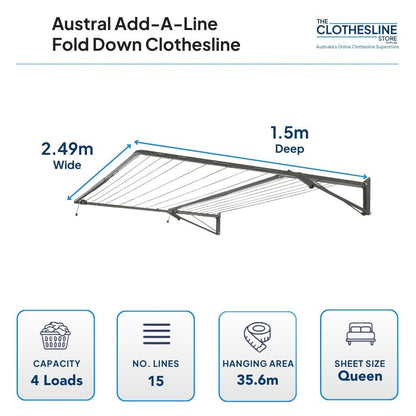 Austral Add A Line Fold Down Clothesline Dimensions.  1.5m deep by 2.49m wide, 4 wash loads, 15 lines, 35.6m of hanging space, suits queen sheets hung flat over the line.