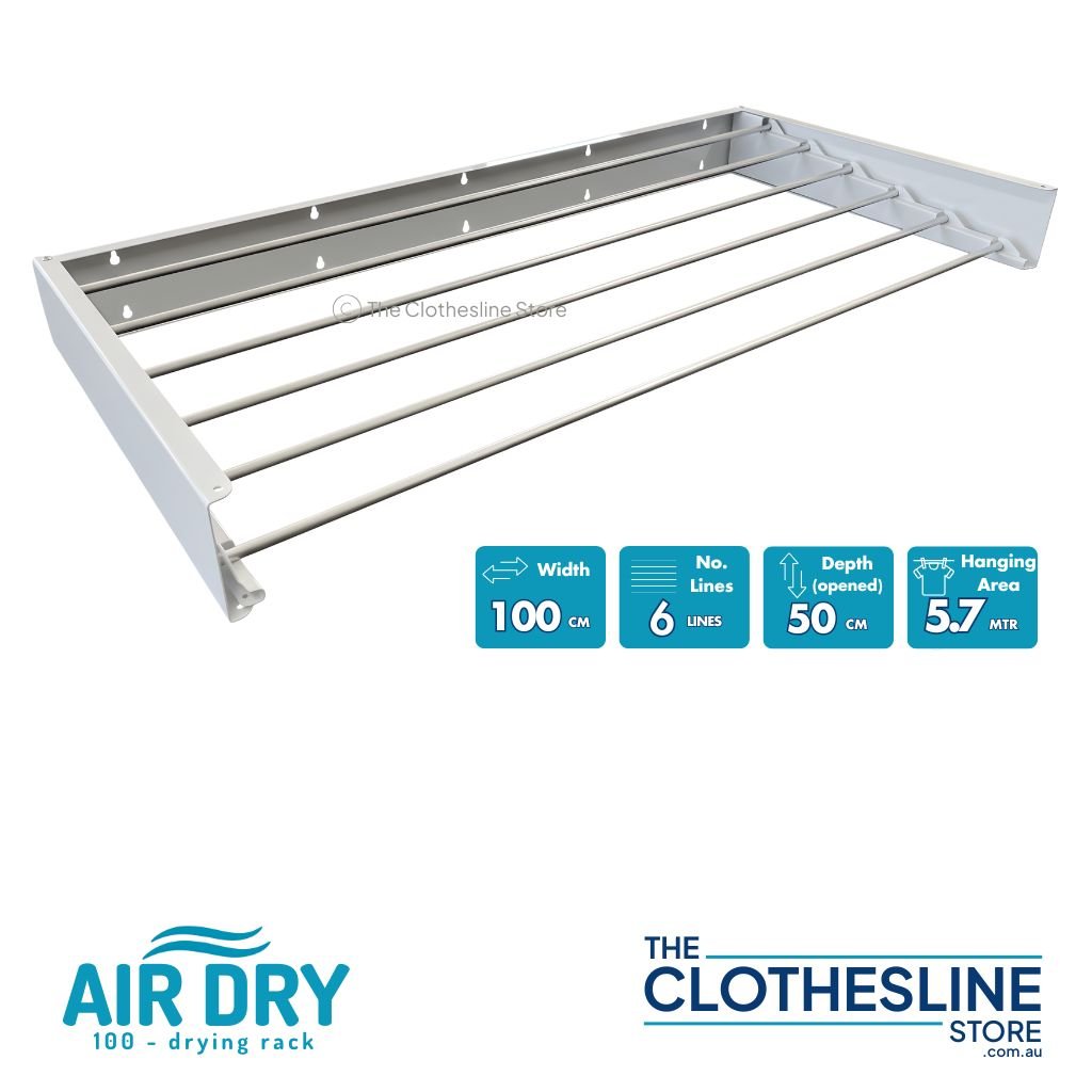 Specifications of width and depth for the Air Dry 100 Clothesline wall mounted drying rack