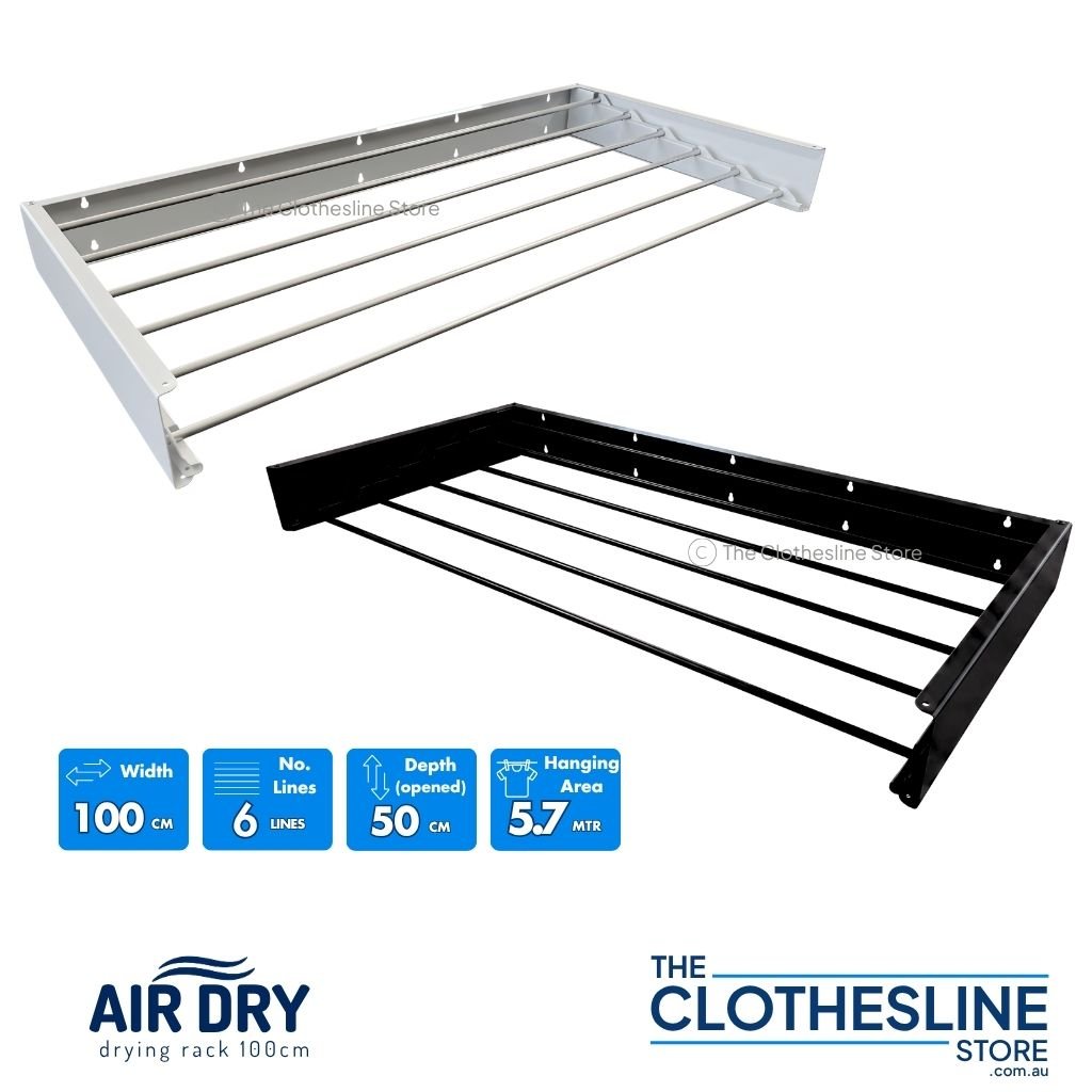 Two Air Dry Wall Mounted Clothes Airer.  Images showing the dimensions Width 100cm, No of Lines 6, Depth when opened 50cm, Hanging Space 5.7m, one is in the colour white the other is the colour black.