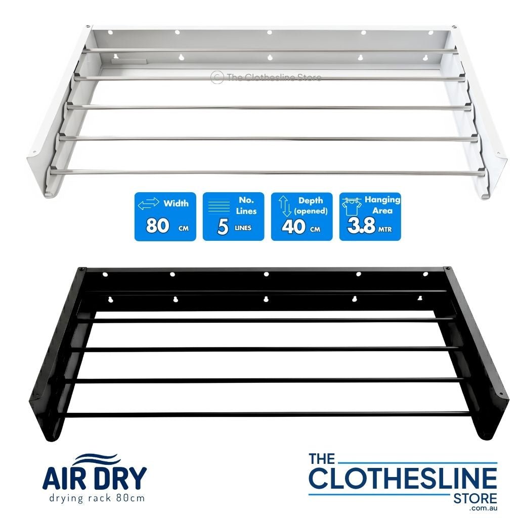 Two Air Dry Wall Mounted Clothes Airer.  Images showing the dimensions Width 80cm, No of Lines 5, Depth when opened 40cm, Hanging Space 3.8m, one is in the colour white the other is the colour black.