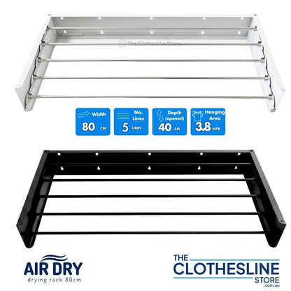 Two Air Dry Wall Mounted Clothes Airer.  Images showing the dimensions Width 80cm, No of Lines 5, Depth when opened 40cm, Hanging Space 3.8m, one is in the colour white the other is the colour black.