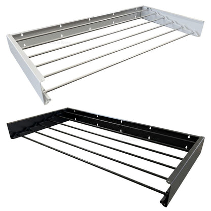 Two Air Dry Wall Mounted Drying Rack Clothesline open on a white background. One is coloured white and the other is in the colour black.
