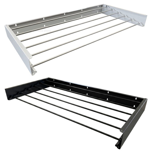 Two Air Dry Wall Mounted Drying Rack Clothesline open on a white background. One is coloured white and the other is in the colour black.