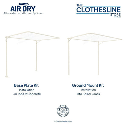 Air Dry Fold Down Clothesline lefthand image is of a clothesline with a base plate kit for installation on top of concrete.  The right hand image is of an air dry clothesline on a ground mount kit for instllation into soil or grass.