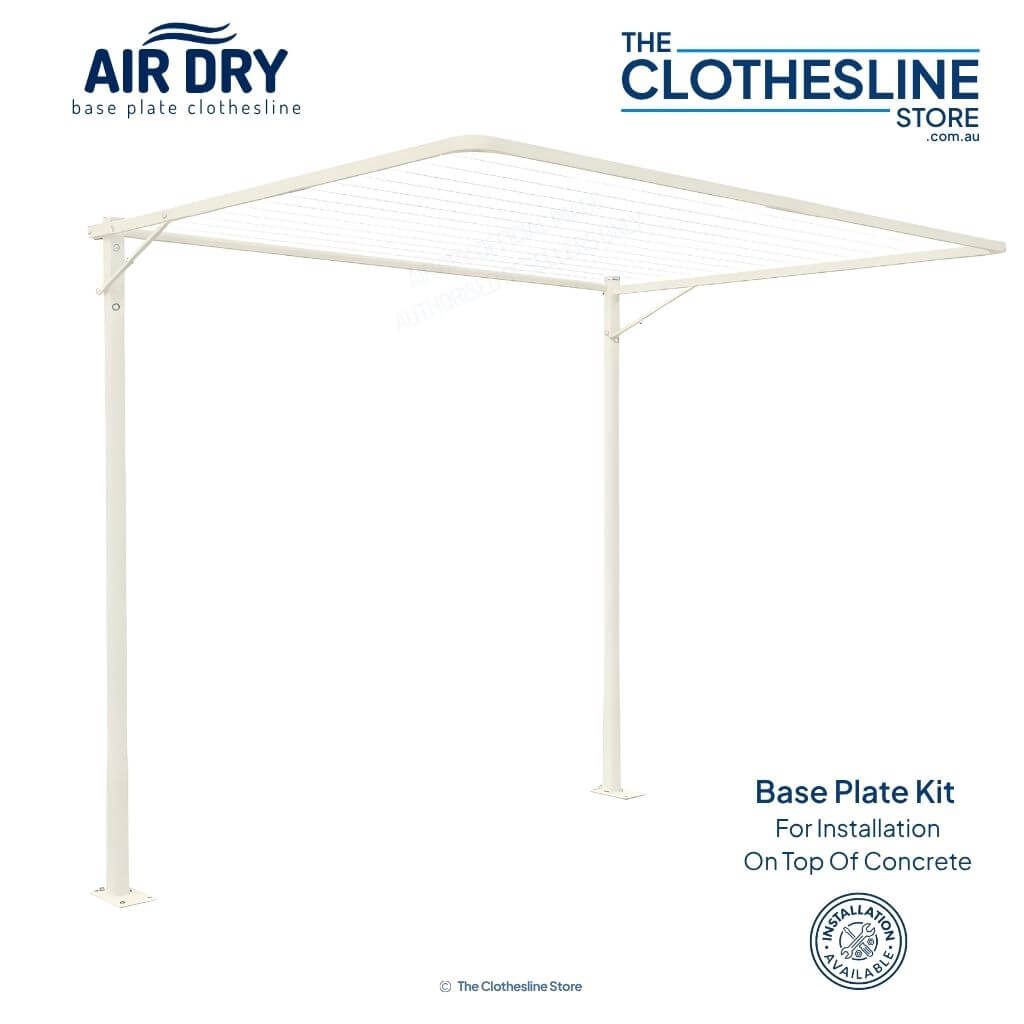 Air Dry Fold Down Clothesline 1.8m wide on a base plate kit, used for installation on top of concrete.