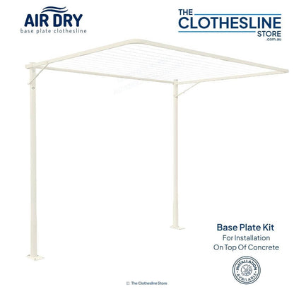 Air Dry Fold Down Clothesline 1.8m wide on a base plate kit, used for installation on top of concrete.