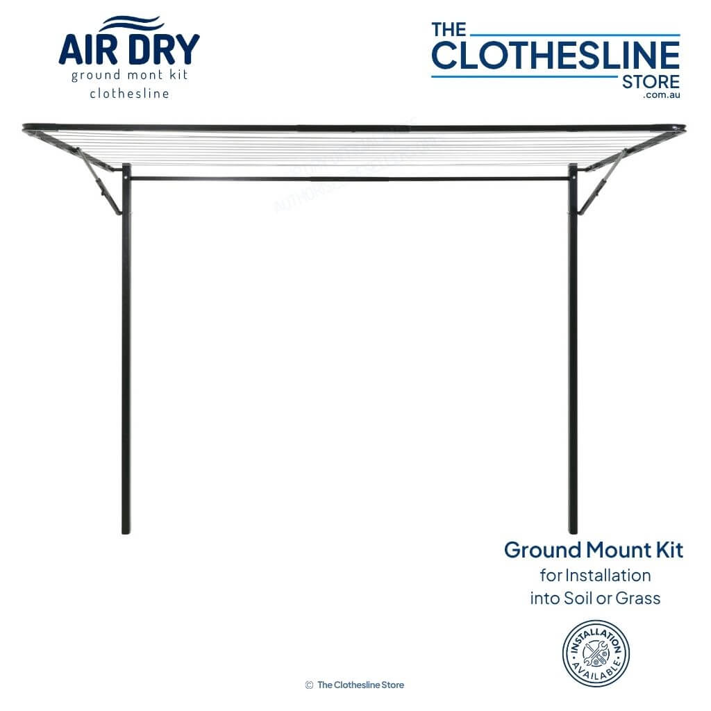 Air Dry Fold Down Clothesline fully extended front on view, with a ground mount kit, used for installation into soil or grass.  Colour is Monument.