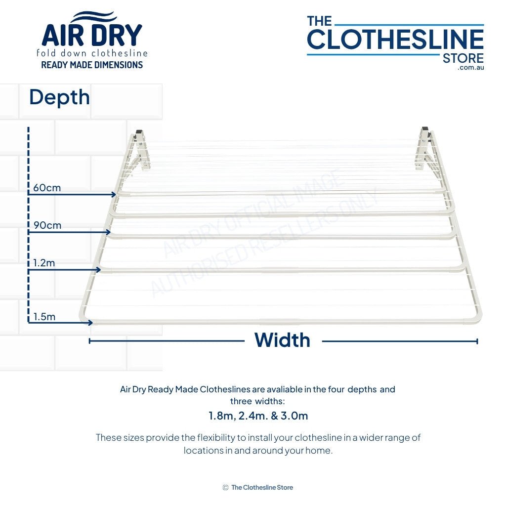 Air Dry 1.8m (1800mm) Fold Down Clothesline showing 4 ready made depth options: 600mm, 900mm, 1.2m, 1.5m