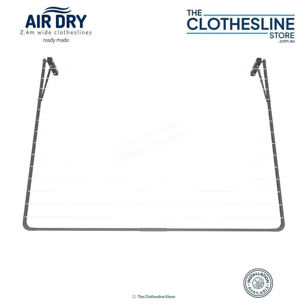 Clothesline attached to a wall and folded mid way showing the lines are taught.