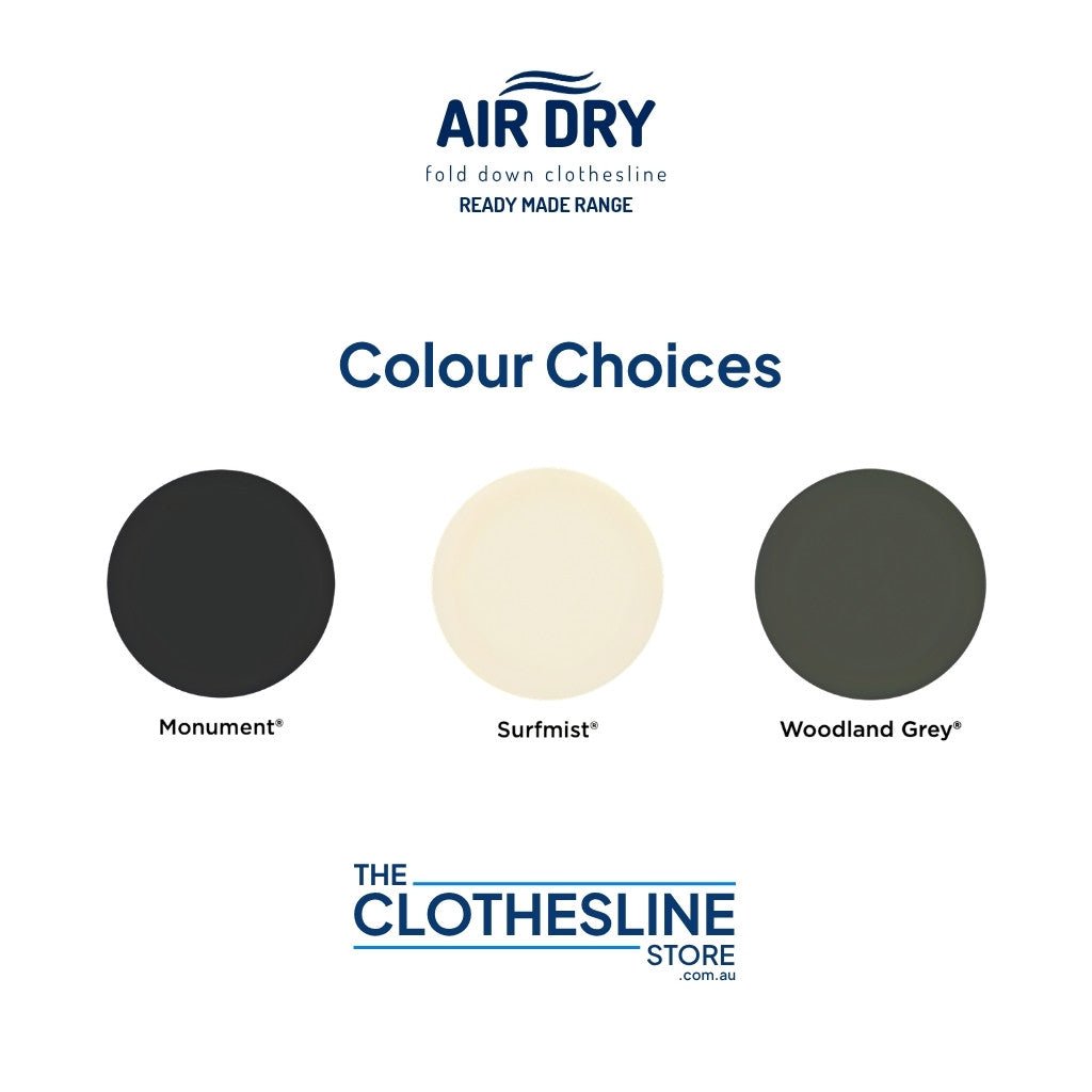 Colour showing available frame finishes for the Air Dry Ready Made Range: Monument, Surfmist, Woodland Grey.