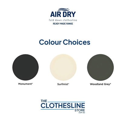 Colour showing available frame finishes for the Air Dry Ready Made Range: Monument, Surfmist, Woodland Grey.