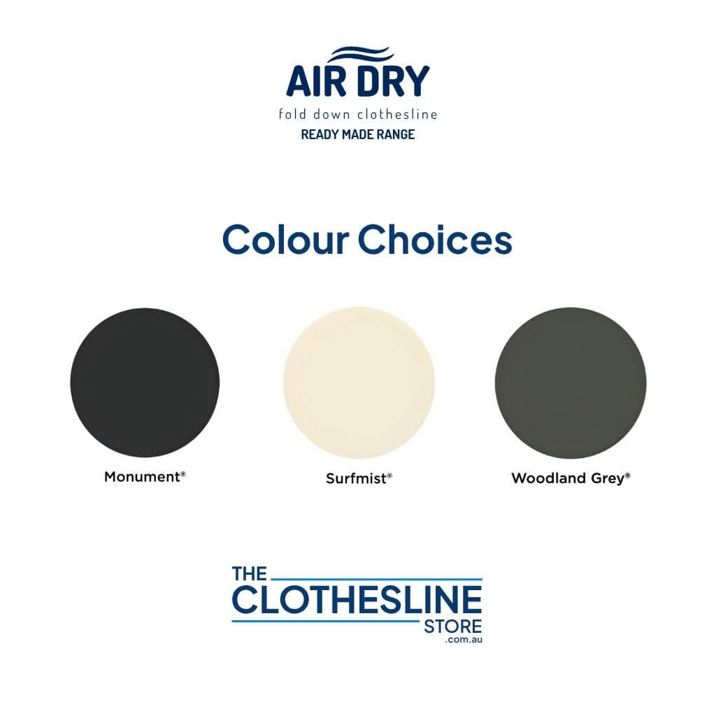 Air Dry Fold Down Clothesline Ready Made Colours.  Monument, Surfmist and Woodland Grey.
