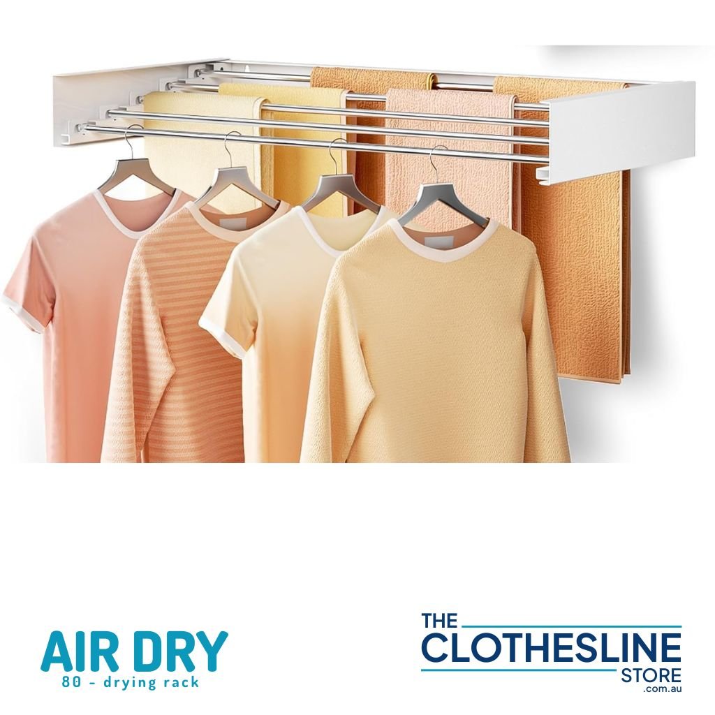 Laundry hung on the Air Dry Clothes airer with a white background.
