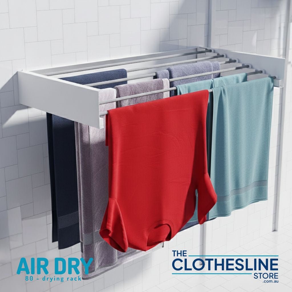 The Drying Rack installed on a Wall with shirts and towels Air Dry Clotheslines