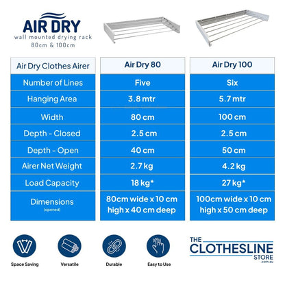 Images outlining the dimensions, load capacity of the Air Dry Clothes Airer for the 80cm and 100cm wide drying racks.