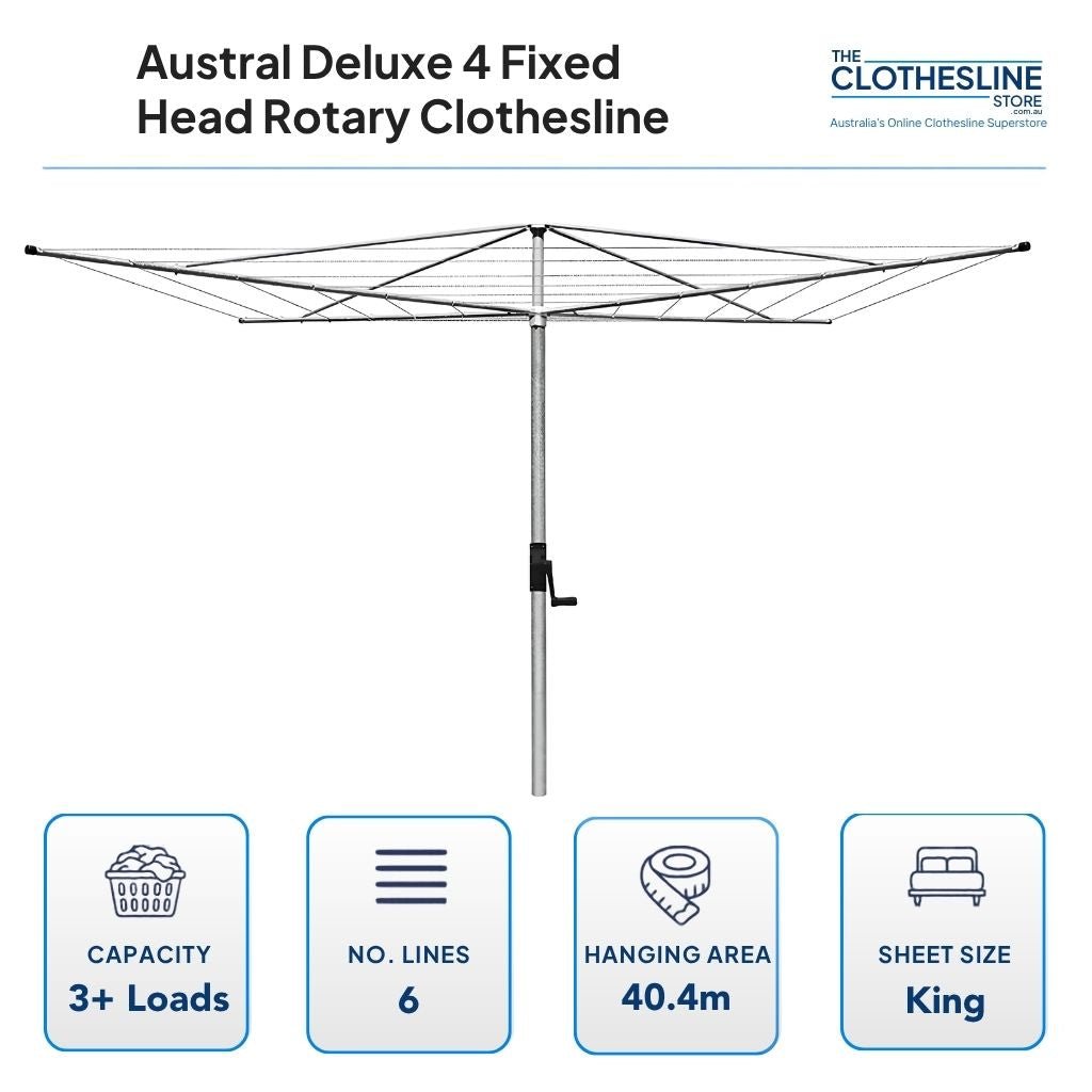 Austral Deluxe 4 Fixed Head Rotary Clothesline Dimensions. 4m head diamerter, 3+ wash loads, 6 lines, 40.4m hanging space, suits king sheets hung on the outside lines.