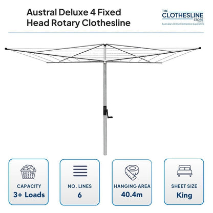 Austral Deluxe 4 Fixed Head Rotary Clothesline Dimensions. 4m head diamerter, 3+ wash loads, 6 lines, 40.4m hanging space, suits king sheets hung on the outside lines.