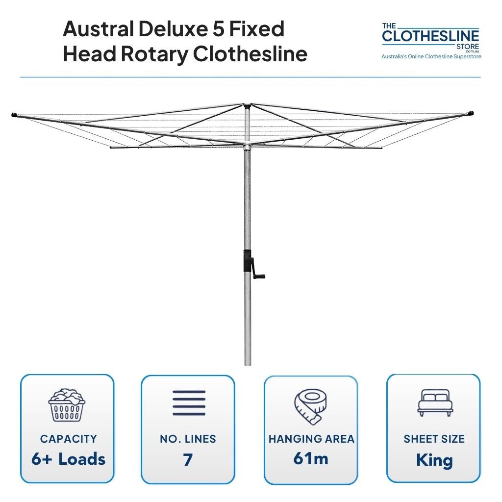 Austral Fixed Head Rotary Hoist Clothesline Deluse 5 Dimensions. Head Diameter 5m, 6+ wash loads, 7 lines, 61m hanging space, suits king sheets hung flat on the outer lines.