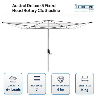 Austral Fixed Head Rotary Hoist Clothesline Deluse 5 Dimensions. Head Diameter 5m, 6+ wash loads, 7 lines, 61m hanging space, suits king sheets hung flat on the outer lines.