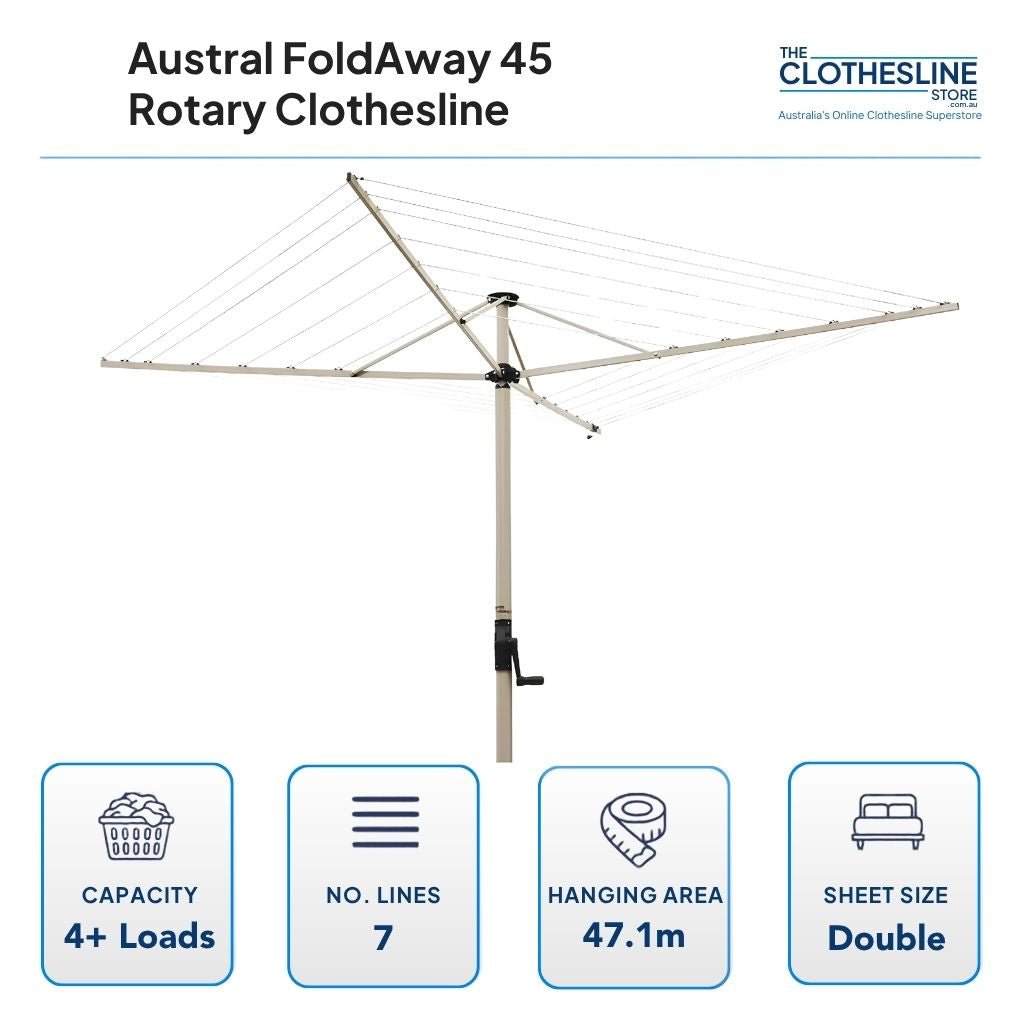 Austral FoldAway 45 Folding Rotary Clothesline Dimensions.  3.3m rotary head, 4+ wash loads, 7 lines, 47.1m hanging space, suits double sheets hung flat on the outside lines.