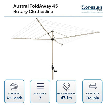 Austral FoldAway 45 Folding Rotary Clothesline Dimensions.  3.3m rotary head, 4+ wash loads, 7 lines, 47.1m hanging space, suits double sheets hung flat on the outside lines.
