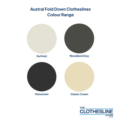 Austral Retractable Clothesline Colorbond Colours Sufrmist, Classic Cream, Monument and Woodland Grey