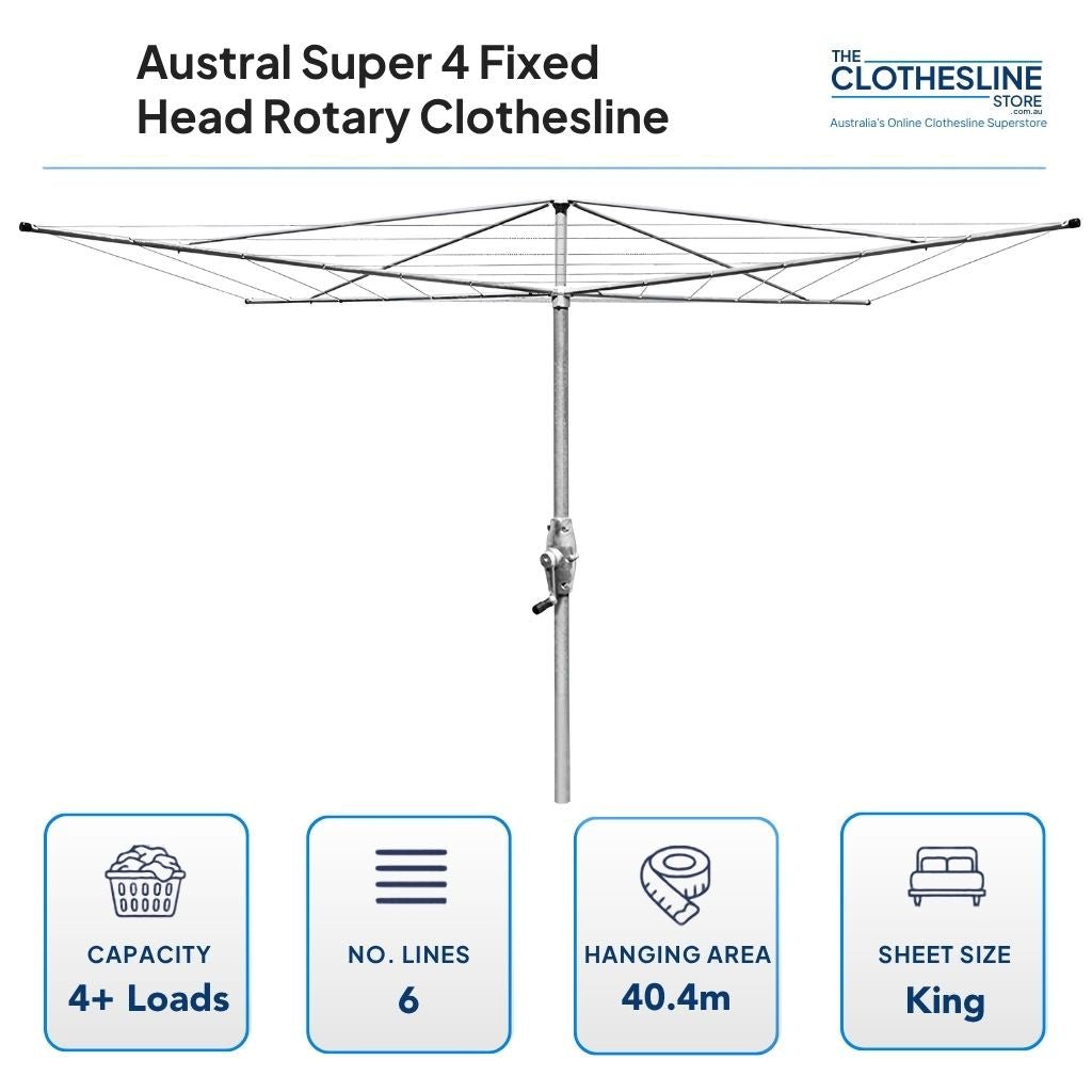 Austral Super 4 Fixed Head Rotary Clothesline Dimensions.  4mtr wide rotary head, 4+ wash loads, 6 lines, 40.4m hanging space, suits king sheets hung on the outside lines.
