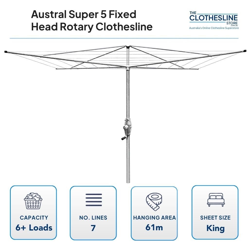Austral Super 5 Fixed Head Rotary Clothesline Dimensions.  5m head diamter, 6+ wash loads, 7 lines, 61m hanging area, suits king sheets hung on the outside lines.