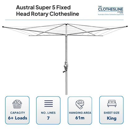 Austral Super 5 Fixed Head Rotary Clothesline Dimensions.  5m head diamter, 6+ wash loads, 7 lines, 61m hanging area, suits king sheets hung on the outside lines.