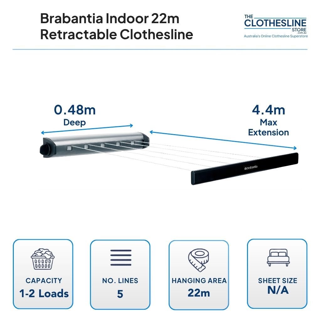Brabantia Indoor 22m Retractable Clothesline Dimensions.   .48m wide by 4.4m line extension.  1-2 light loads, 5 lines, 22m hanging space.