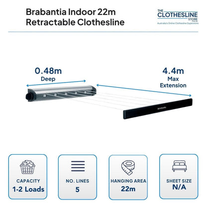 Brabantia Indoor 22m Retractable Clothesline Dimensions.   .48m wide by 4.4m line extension.  1-2 light loads, 5 lines, 22m hanging space.