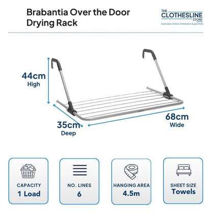 Brabantia over the door drying rack dimensions.  4cm high by 35cm deep by 68cm wide.  1 wash load, 6 lines, 4.5m hanging space, suitable for towels.