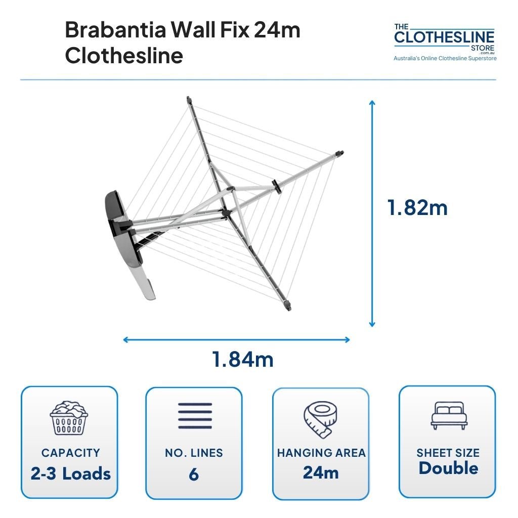 Brabantia Wallfix 24 Clothesline Dimensions. 1.84m wide by 1.82m deep.  2-3 wash loads, 6 lines, 24m hanging space suits double sheets.
