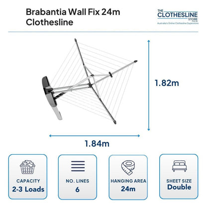 Brabantia Wallfix 24 Clothesline Dimensions. 1.84m wide by 1.82m deep.  2-3 wash loads, 6 lines, 24m hanging space suits double sheets.