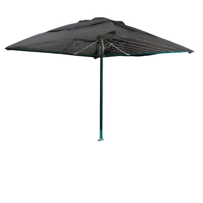 ClevaCover with a white background installed on a fully open folding rotary clothesline. Cover colour is monument.