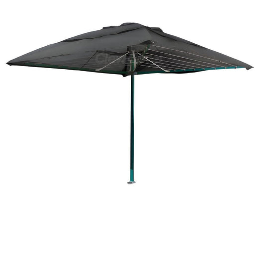 ClevaCover with a white background installed on an fully open folding rotary clothesline. Cover colour is monument.