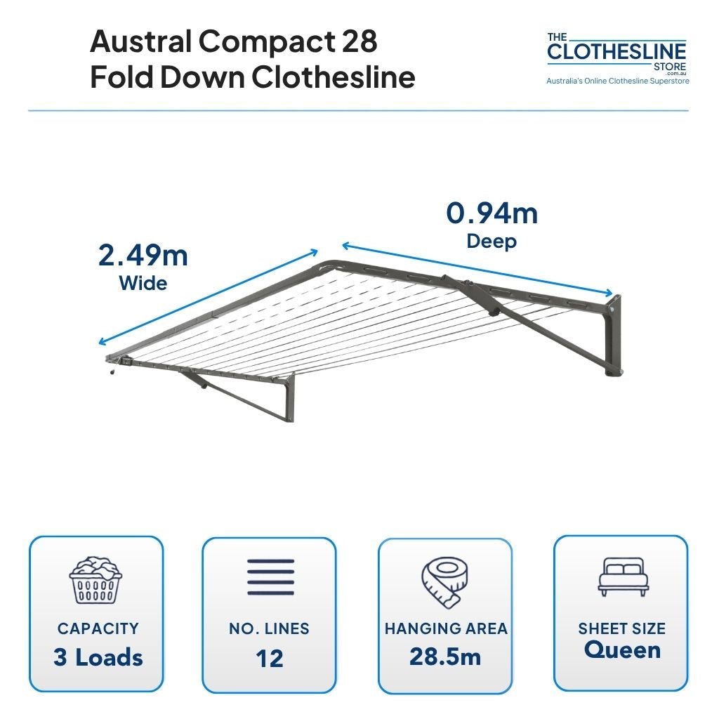 Austral Compact 28 Fold Down Clothesline Dimensions. 0.94m deep by 2.49m wide, 3 wash loads, 12 lines, 28.5 hanging space, suits queen sheets hung flat over the line.
