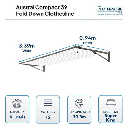 Austral Compact 39 Fold Down Clothesline Dimensions.  0.94m deep by 3.39m wide.  4 wash loads, 12 lines, 39.3m hanging pace, suits super king sheets hung flat over the clothesline cord.
