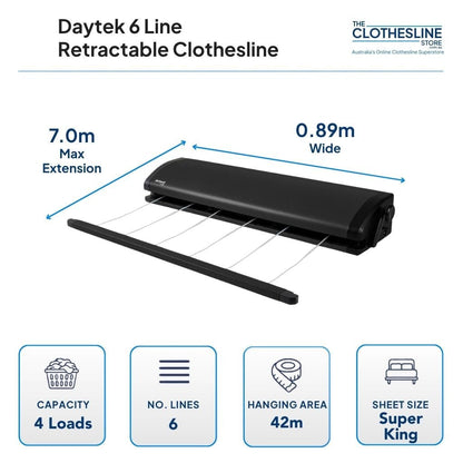 Daytek 6 Line Retractable Clothesline Dimensions.  Housing is 89cm wide x 20.2cm&nbsp; High x 13.0cm deep.  maximum extension 7.0m.  4 wash loads, 6 lines, 42m hanging space, fits super king sheets.