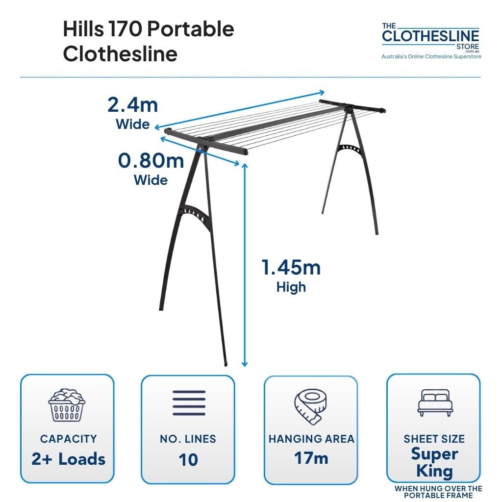 Hills 170 Portable Dimension 10 lines, 17m line space, 2.4m wide x 0.80m wide x 1.45m high.