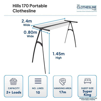 Hills 170 Portable Dimension 10 lines, 17m line space, 2.4m wide x 0.80m wide x 1.45m high.