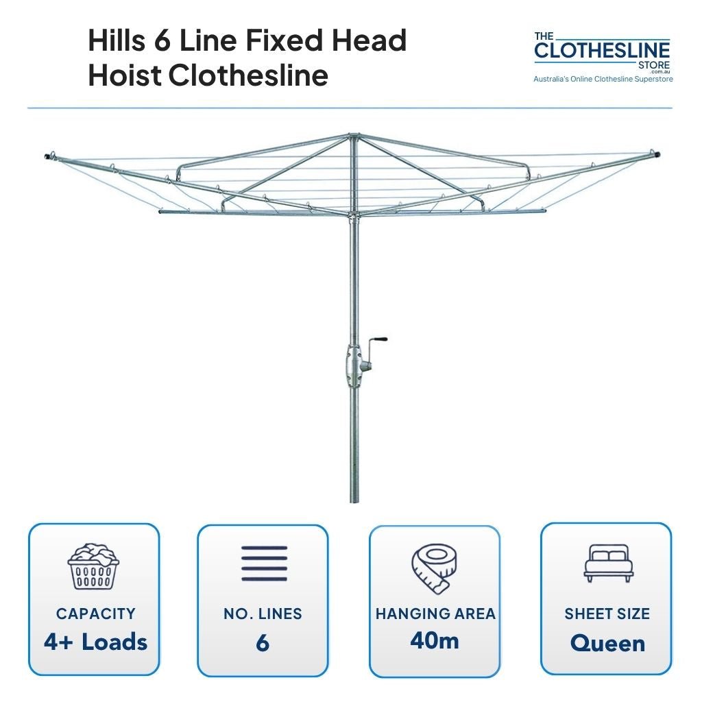 Hills 6 Line Fixed Head Rotary Hoist Clothesline Dimensions.  4m rotary head, 4+ wash load, 6 lines, 40m hanging space, suits queen sheets hung on the outer lines.