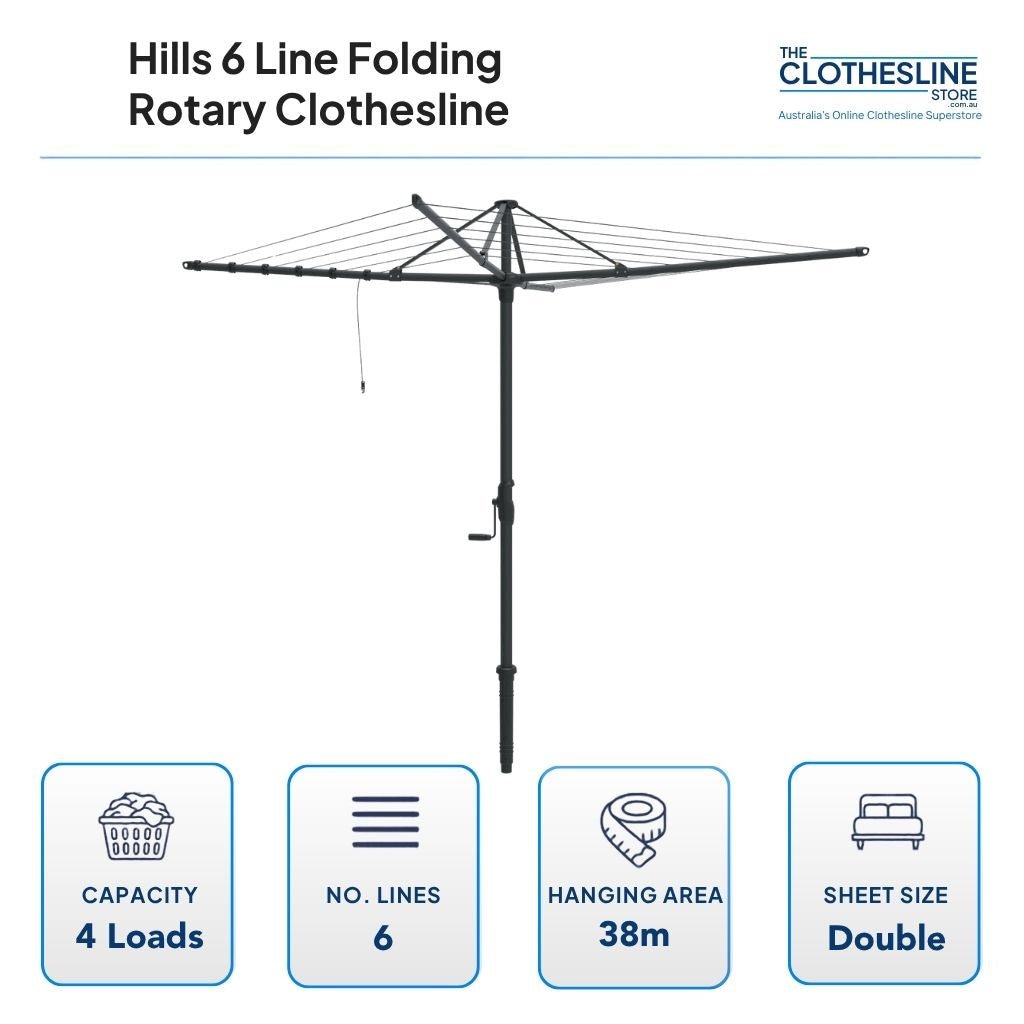 Hills 6 Line Folding Rotary Clothesline Dimensions.  3.2m diameter head measured diagonally.  4 wash loads, 6 lines, 38m hanging space, suits double sheets hung flat over the outer clothesline cord.