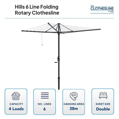 Hills 6 Line Folding Rotary Clothesline Dimensions.  3.2m diameter head measured diagonally.  4 wash loads, 6 lines, 38m hanging space, suits double sheets hung flat over the outer clothesline cord.